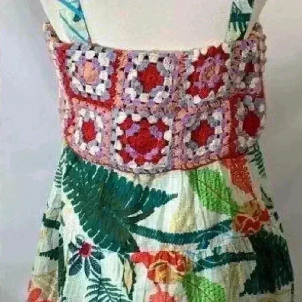Farm Rio x Anthropologie Crochet Tropical Mini Dress S Pockets - Picture 5 of 11